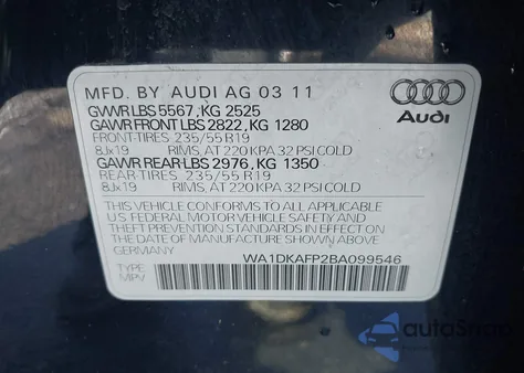 2011 Audi Q5 3.2 Premium Plus z USA, uszkodzony, nr VIN WA1DKAFP2BA099546